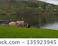 Fishing tents and rods on riverbank at Nova Zivohost, Czech Republic 135923945