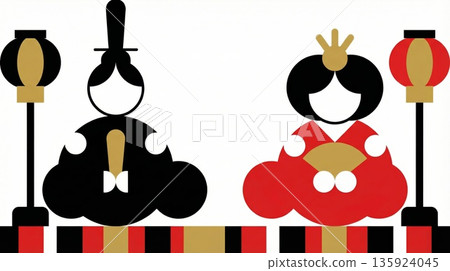 一款現代時尚的黑紅色雛人偶設計，由幾何圓圈和線條組成。 135924045