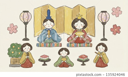 一幅用蠟筆繪製的柔和插圖，描繪了一個雛人偶和三位宮廷女官慶祝女兒節。 135924046