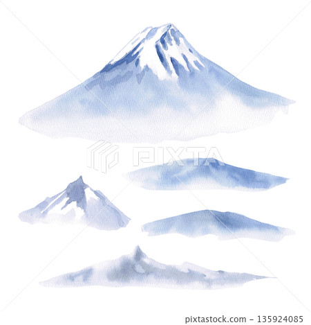 A set of Mount Fuji, mountain ranges, and hills. Isolated watercolor illustration in a la prima style for postcards, interiors, spring holidays, packaging, and poster printing. A set of Mount Fuji, mountain ranges, and hills. Isolated watercolor illustration in a la prima style for postcards, interiors, spring holidays, packaging, and poster printing. 135924085