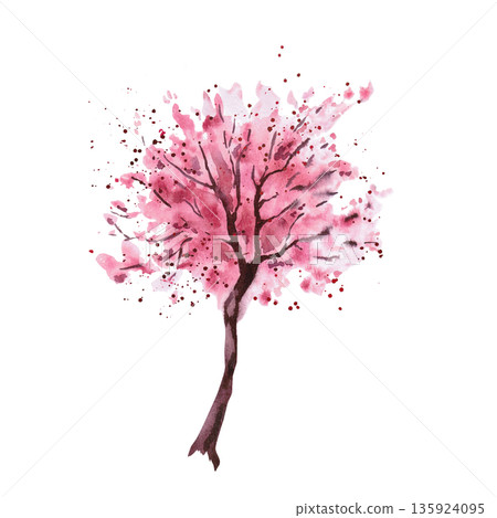 A pink blossom tree. Isolated watercolor illustration in a la prima style for postcards, interiors, spring holidays, packaging, merch, posters, and fabric. A pink blossom tree. Isolated watercolor illustration in a la prima style for postcards, interiors, spring holidays, packaging, merch, posters, and fabric. 135924095
