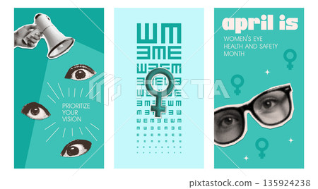 Set of vertical 16x9 banners for social media on the theme of Women's eye health and safety month of April. Trendy minimal vintage halftone collage with eyes, eyeglasses and megaphone. Vector. 135924238