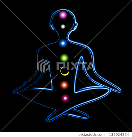 Vector isolated illustration of a person in lotus pose with chakras with neon effect. Vector isolated illustration of a person in lotus pose with chakras with neon effect. 135924264