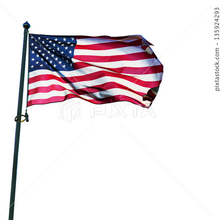 Flag of United States waving on flagpole isolated on a clean white background. American flag cutout on white 135924293