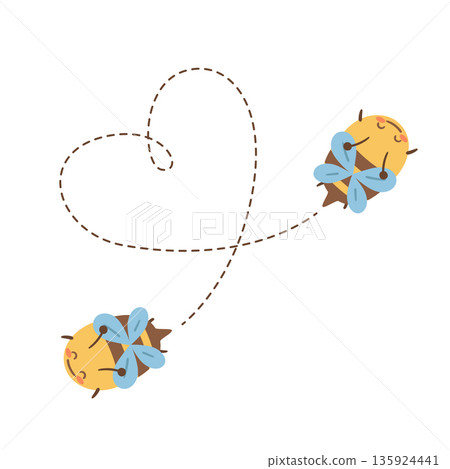 Two cute bees flying in a heart shaped path. Romantic and playful illustration for greeting cards, kids designs, eco messages and spring projects. Two cute bees flying in a heart shaped path. Romantic and playful illustration for greeting cards, kids designs, eco messages and spring projects. 135924441