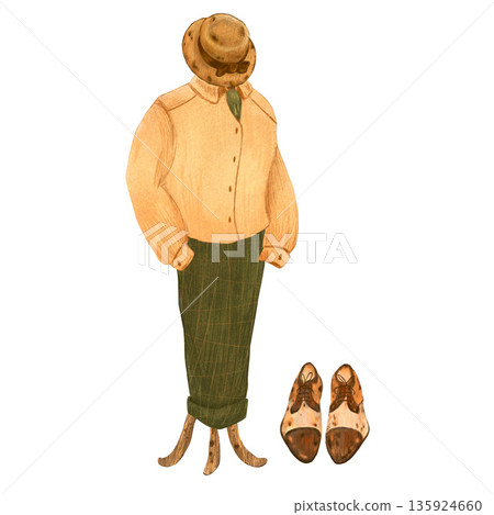 Men's straw hat, shirt and trousers, shoes on mannequin in retro vintage style Hand drawn with colored pencils illustration For fashion magazines and designs, clothes shops, charity markets, clip art. 135924660