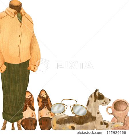 Porcelain dog cup, men's shirt trousers, eyeglasses in retro vintage style. Hand drawn with colored pencils illustration. For fashion magazines and designs, clothes shops, charity markets, clip art. 135924666