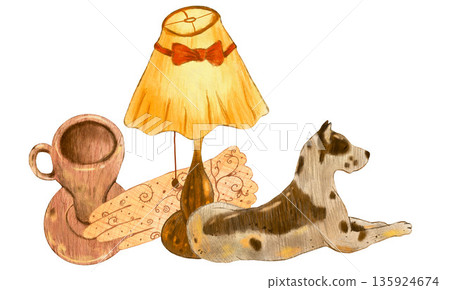 Desk lamp, porcelain dog and cup, lace glove in retro vintage style. Hand drawn with colored pencils illustration. For fashion magazines and designs, clothes shops, charity markets, clip art. 135924674