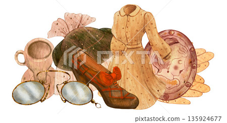 Women's dress shoes, gloves hat eyeglasses in retro vintage style. Hand drawn with colored pencils illustration. For fashion magazines and designs, clothes shops, charity markets, clip art. Women's dress shoes, gloves hat eyeglasses in retro vintage style. Hand drawn with colored pencils illustration. For fashion magazines and designs, clothes shops, charity markets, clip art. 135924677