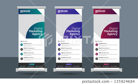 Modern corporate business roll up standee or x banner design layout template. Creative business vertical rollup, pull up, flag-banner, exhibition display, x-stand design. Modern corporate business roll up standee or x banner design layout template. Creative business vertical rollup, pull up, flag-banner, exhibition display, x-stand design. 135924684