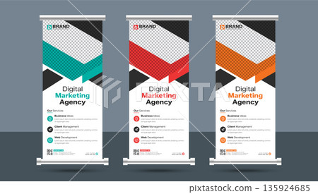Abstract corporate business roll up standee or x banner design layout template. Creative modern vertical rollup, pull up, flag-banner, exhibition display, x-stand design. Abstract corporate business roll up standee or x banner design layout template. Creative modern vertical rollup, pull up, flag-banner, exhibition display, x-stand design. 135924685