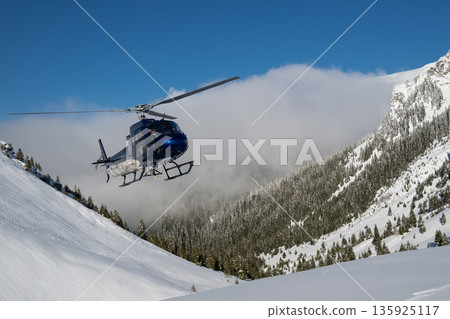 Blue helicopter glides over fresh powder as off-piste heliskiing party explores snowy mountains 135925117