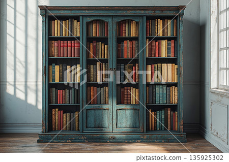 Reading and education. Book collection. Bookcase in room. Vintage book covers. 135925302