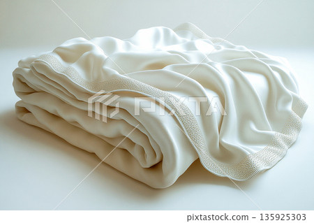 High-end materials. Cotton sheets on a white background. Stack of comfortable white sheets. High-end materials. Cotton sheets on a white background. Stack of comfortable white sheets. 135925303