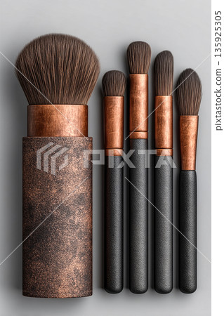 Ideal for beauty brands or cosmetic advertisements. High-quality set of makeup brushes on a white background. Ideal for beauty brands or cosmetic advertisements. High-quality set of makeup brushes on a white background. 135925305