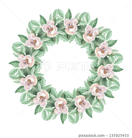 Wreath of a buds and leaves of white magnolia. Handmade watercolor illustration. For packaging design, cards, cover, wallpaper, prints, product labels and fabric. 135925433