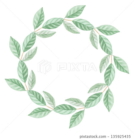 Wreath of the leaves of magnolia. Handmade watercolor illustration. For packaging design, cards, cover, wallpaper, prints, product labels and fabric. 135925435