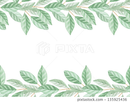 Horizontal frame of the leaves. Handmade watercolor illustration. For packaging design, cards, cover, wallpaper, prints, product labels and fabric. 135925436