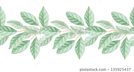 Seamless border of the leaves. Handmade watercolor illustration. For packaging design, cards, cover, wallpaper, prints, product labels and fabric. 135925437
