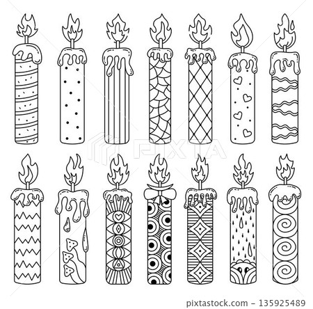 Black line candles with abstract geometric and psychedelic patterns. Various decorative candles with melted wax and flame. Outline sign vector set. Cozy candlelight atmosphere linear cliparts Black line candles with abstract geometric and psychedelic patterns. Various decorative candles with melted wax and flame. Outline sign vector set. Cozy candlelight atmosphere linear cliparts 135925489