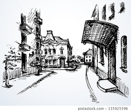 Vector illustration of an old town street. Vector illustration of an old town street. 135925596