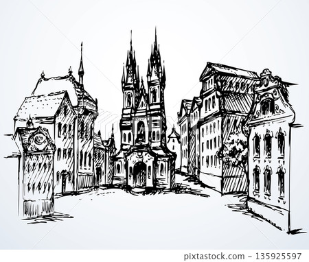 Old city street. Vector drawing Old city street. Vector drawing 135925597