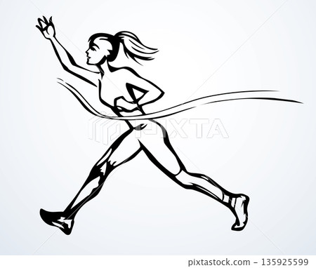 Vector drawing. An athlete runs to the finish line. Vector drawing. An athlete runs to the finish line. 135925599
