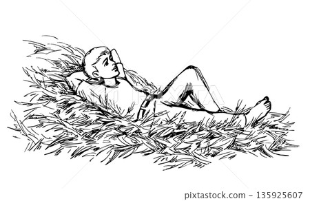Vector drawing. A boy laying in a hay 135925607