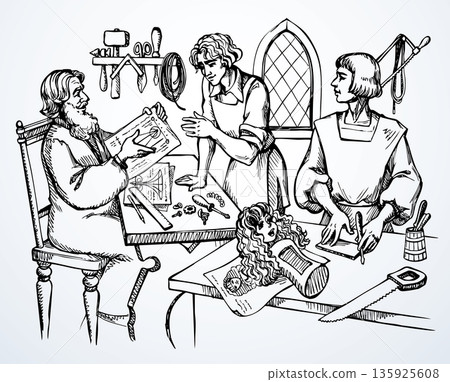 Vector illustration. A master teaches a student the art of craftsmanship. Vector illustration. A master teaches a student the art of craftsmanship. 135925608