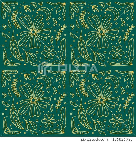 Cute floral tiled pattern. Vector doodle seamless background. Hand drawn flowers, plants, leaves, line botanical elements. Decorative plants repeat illustration 135925783