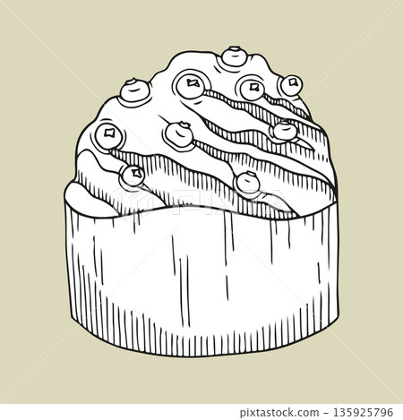 Hand-drawn illustration of Easter cake with berries in graphic detailed sketch style on olive background Hand-drawn illustration of Easter cake with berries in graphic detailed sketch style on olive background 135925796
