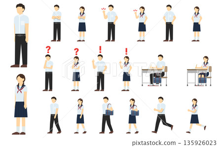 Flat illustration: Junior high school student set (summer uniform) Flat illustration: Junior high school student set (summer uniform) 135926023
