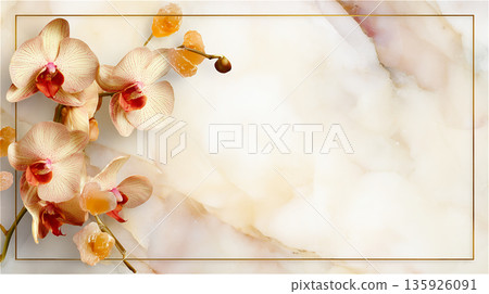 一朵橙色的蝴蝶蘭盛開在大理石背景上，配上金色矩形畫框。 135926091