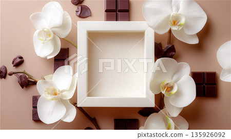 情人節背景素材，包含白色蝴蝶蘭、巧克力棒和簡約的邊框。 135926092