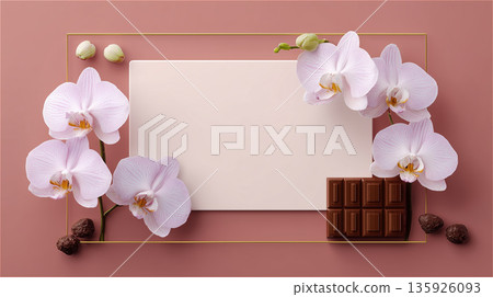 蝴蝶蘭花、一塊巧克力和一張白色留言卡擺放在粉紅色背景上。 135926093