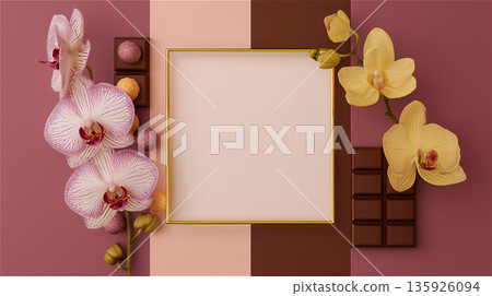 現代設計風格,以粉紅蝴蝶蘭和巧克力色、金色相間的畫框為特色。 現代設計風格,以粉紅蝴蝶蘭和巧克力色、金色相間的畫框為特色。 135926094