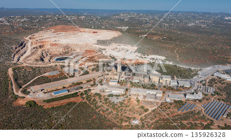 Aerial view of expansive open pit mine showcasing heavy machinery and industrial operations in a rugged landscape, emphasizing mining industry dynamics Aerial view of expansive open pit mine showcasing heavy machinery and industrial operations in a rugged landscape, emphasizing mining industry dynamics 135926328