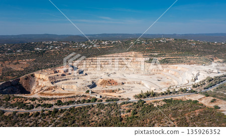 Open pit mining site showcasing heavy machinery and layered earth formations, representing the coal and cement industry in a vast landscape. Aerial 135926352