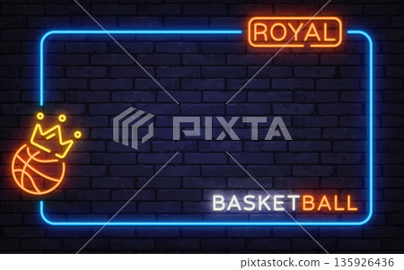Neon royal crown with basketball icon creates a premium sports concept. Glowing frame fits elite tournaments, finals, and winner branding. Neon royal crown with basketball icon creates a premium sports concept. Glowing frame fits elite tournaments, finals, and winner branding. 135926436