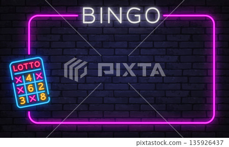 Neon bingo and lotto board illustration with vibrant lights on dark wall. Playful gambling concept suitable for games, ads, or entertainment graphics. Neon bingo and lotto board illustration with vibrant lights on dark wall. Playful gambling concept suitable for games, ads, or entertainment graphics. 135926437