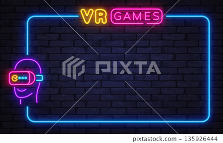 Neon vector banner with VR headset icon and bright glowing frame on dark brick wall. Futuristic gaming concept perfect for virtual entertainment, esports design, or digital event promotion. 135926444