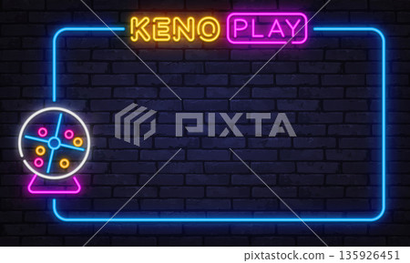 Neon keno lottery sign with glowing numbers and decorative frame. Eye-catching vector perfect for casino ads, betting platforms, or digital signage. 135926451