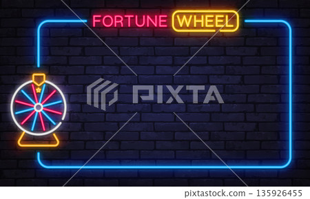 Neon fortune wheel glowing against a brick background with framed border. Lucky game atmosphere ideal for casino visuals, contests, or promo materials. Neon fortune wheel glowing against a brick background with framed border. Lucky game atmosphere ideal for casino visuals, contests, or promo materials. 135926455