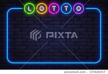 Colorful neon lotto lettering inside glowing rectangular border on brick texture. Gambling inspired background suitable for lottery ads and entertainment graphics. 135926457