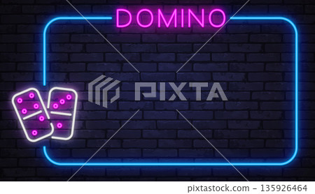 Neon domino tiles with soft glow inside a rectangular frame. Classic tabletop game style reimagined for modern digital art and banners. 135926464