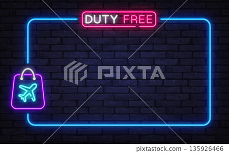 Neon Duty Free sign with travel shopping icon creates airport retail mood. Bright glow works for tourism ads and commercial promotions. Neon Duty Free sign with travel shopping icon creates airport retail mood. Bright glow works for tourism ads and commercial promotions. 135926466