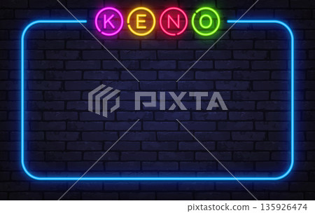 Vibrant neon keno lettering set on dark brick texture with glowing outline. Bold casino theme suitable for gaming platforms, ads, or web headers. Vibrant neon keno lettering set on dark brick texture with glowing outline. Bold casino theme suitable for gaming platforms, ads, or web headers. 135926474