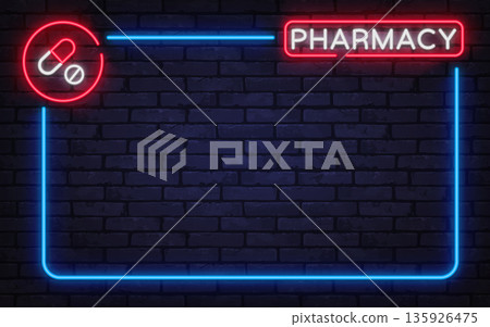 Neon pharmacy sign with pill icon and bright outline on dark wall. Clean medical concept ideal for healthcare visuals, drugstore branding, or digital banners. Neon pharmacy sign with pill icon and bright outline on dark wall. Clean medical concept ideal for healthcare visuals, drugstore branding, or digital banners. 135926475