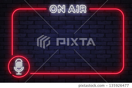 Neon on air sign with microphone icon inside glowing frame on brick background. Broadcast atmosphere suited for radio shows, podcasts, or streaming graphics. Neon on air sign with microphone icon inside glowing frame on brick background. Broadcast atmosphere suited for radio shows, podcasts, or streaming graphics. 135926477