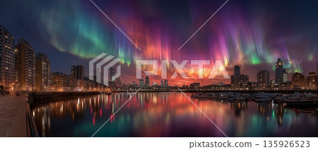 Futuristic city skyline reflected in water under a dramatic colorful aurora borealis 135926523